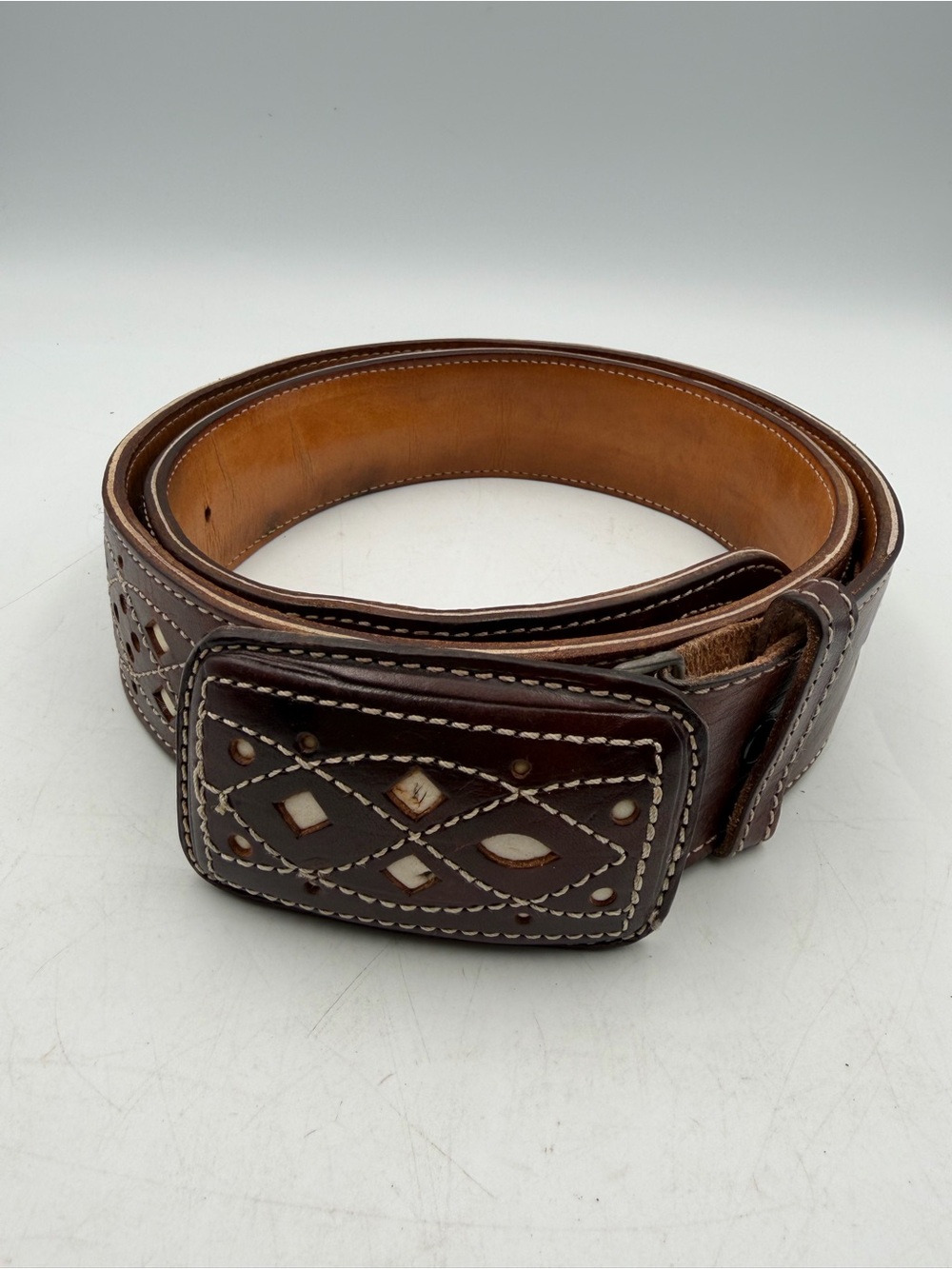 Vintage Western Leather Belt Size 42 Tooled Brown Mexico Cowboy